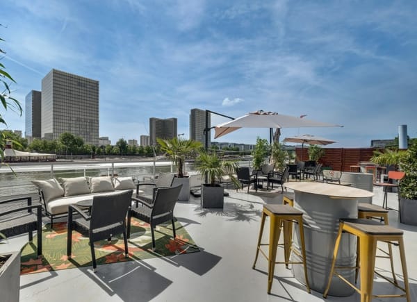 Ponton Emile et sa terrasse, Bateau Naviguant, Paris, Île-de-France, France
